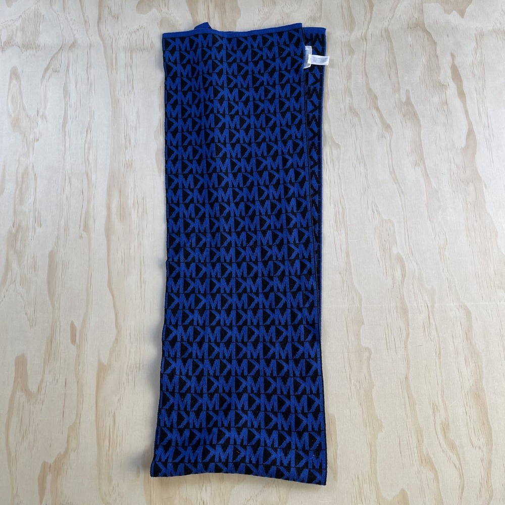Michael Kors Scarf Womens One Size Blue MK Logo Knit Rectangle Winter Geometric